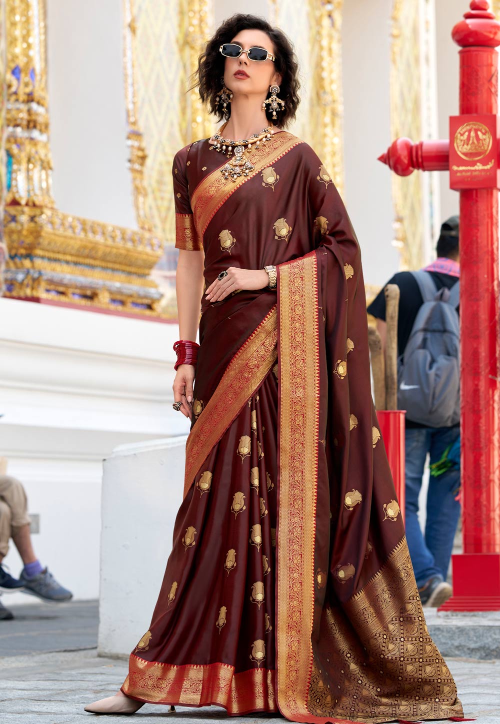 Brown Satin Silk Saree With Blouse 307014