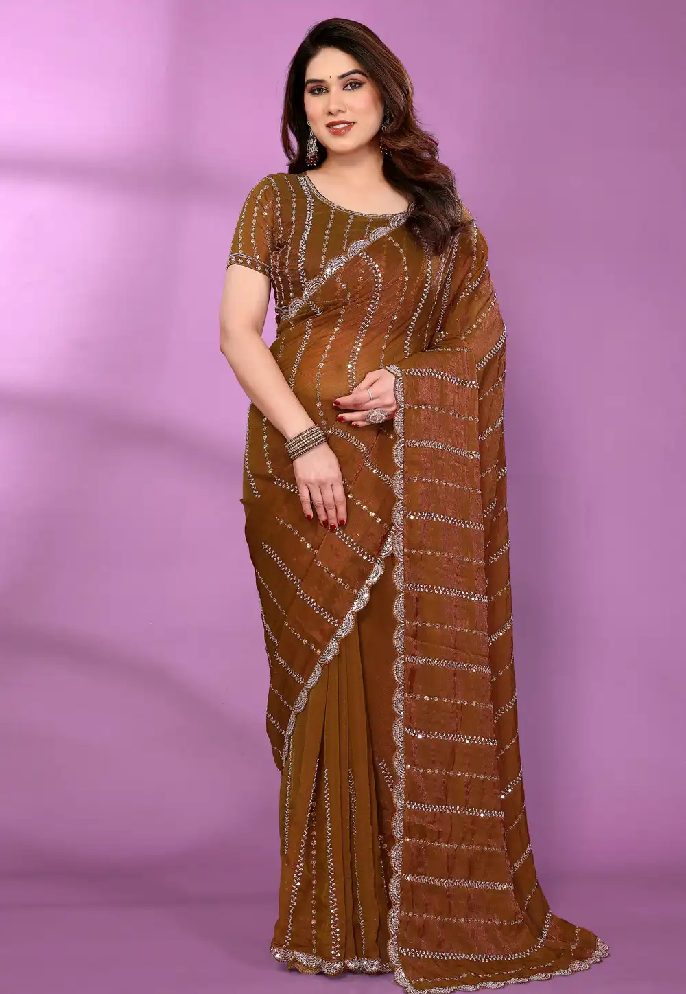 Brown Satin Silk Saree With Blouse 329052