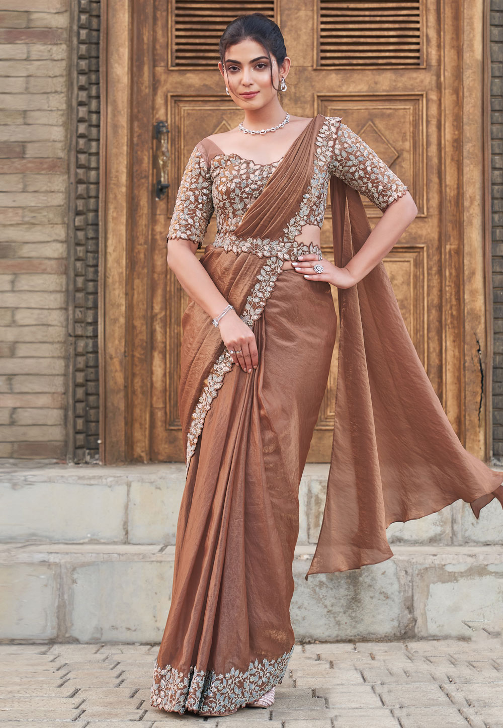 Brown Satin Silk Saree With Blouse 307000