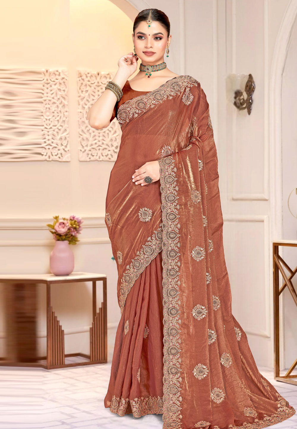 Brown Satin Silk Saree With Blouse 318427