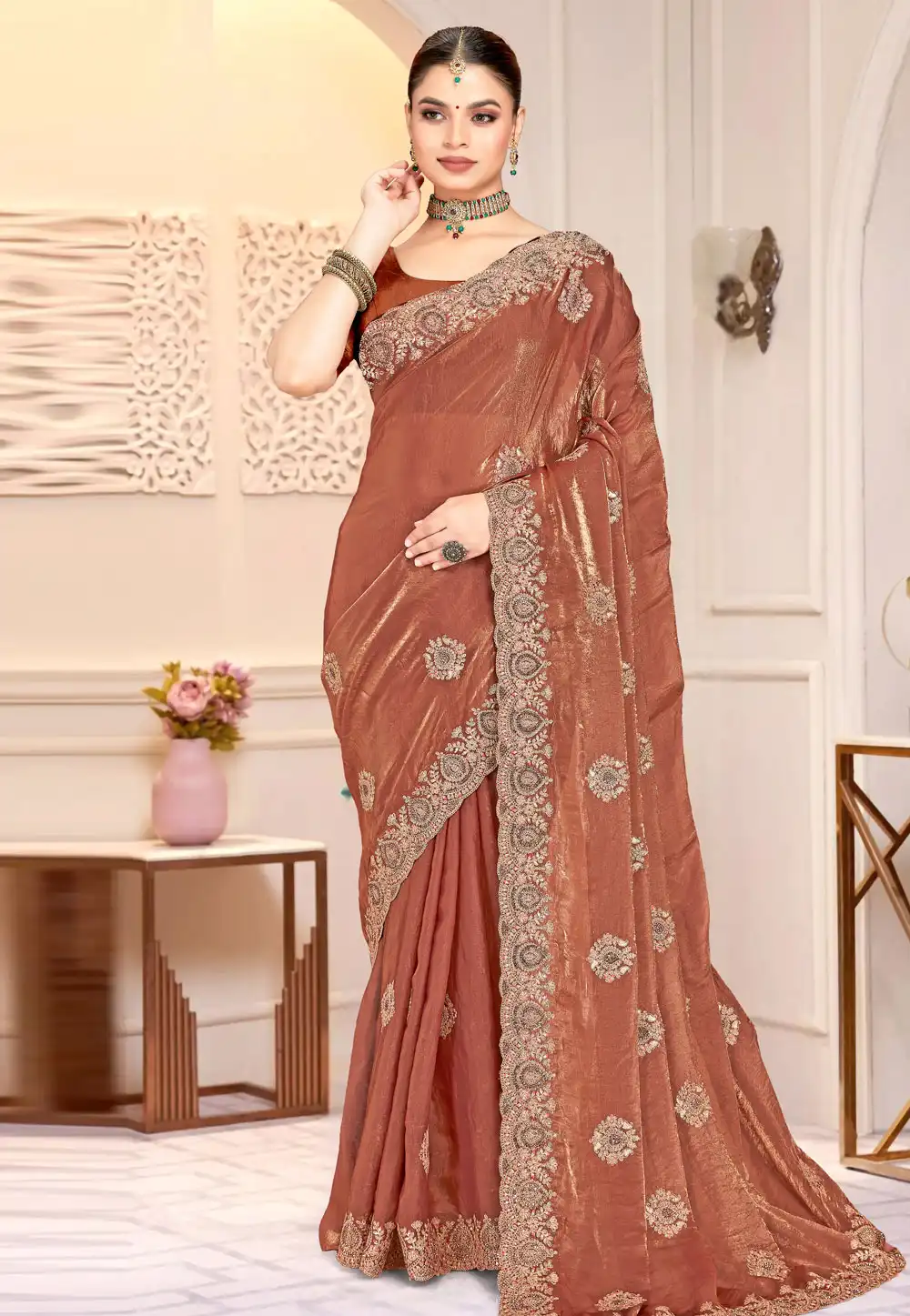 Brown Satin Silk Saree With Blouse 318427