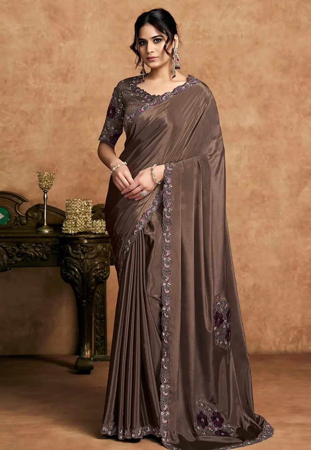 Brown Satin Silk Saree With Blouse 326463