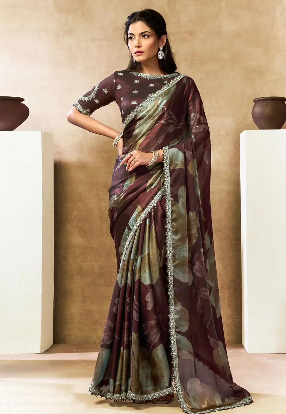 Brown Satin Silk Saree With Blouse 328486