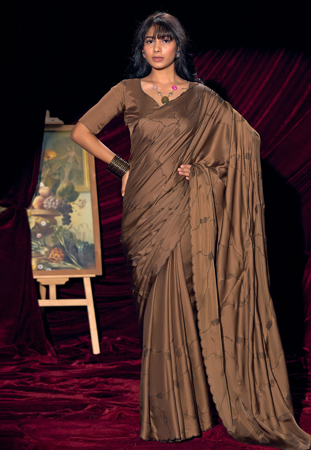 Brown Satin Silk Saree With Blouse 327769