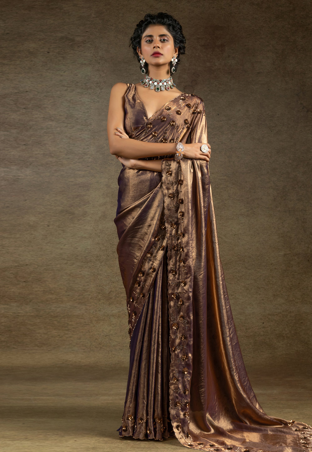Brown Satin Silk Saree With Blouse 307701