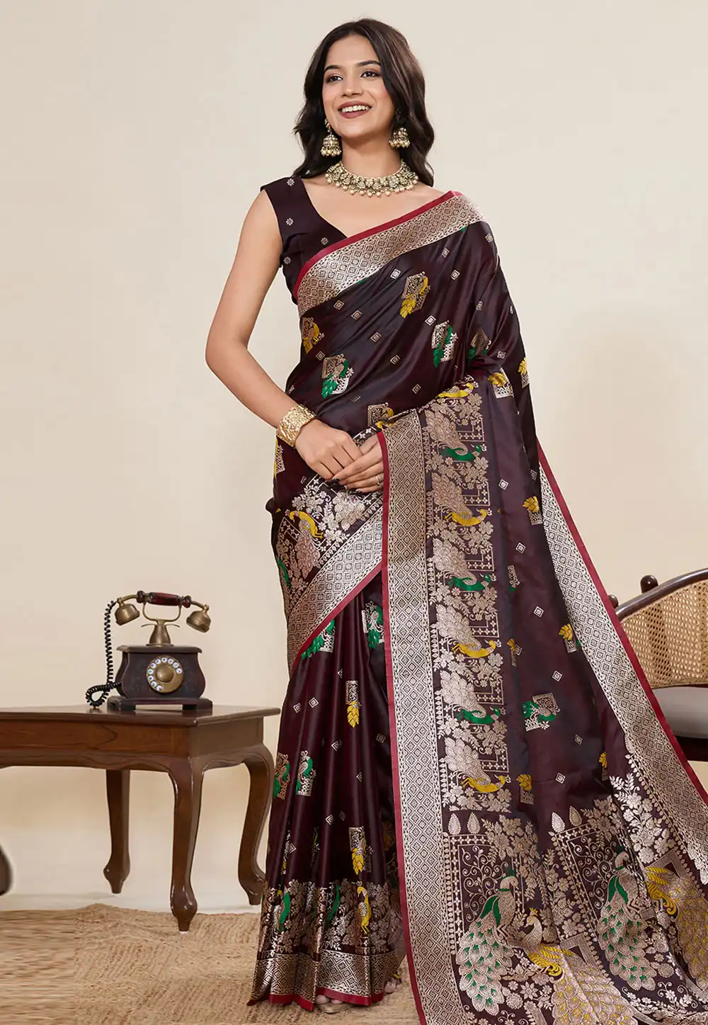 Brown Satin Silk Saree With Blouse 317241