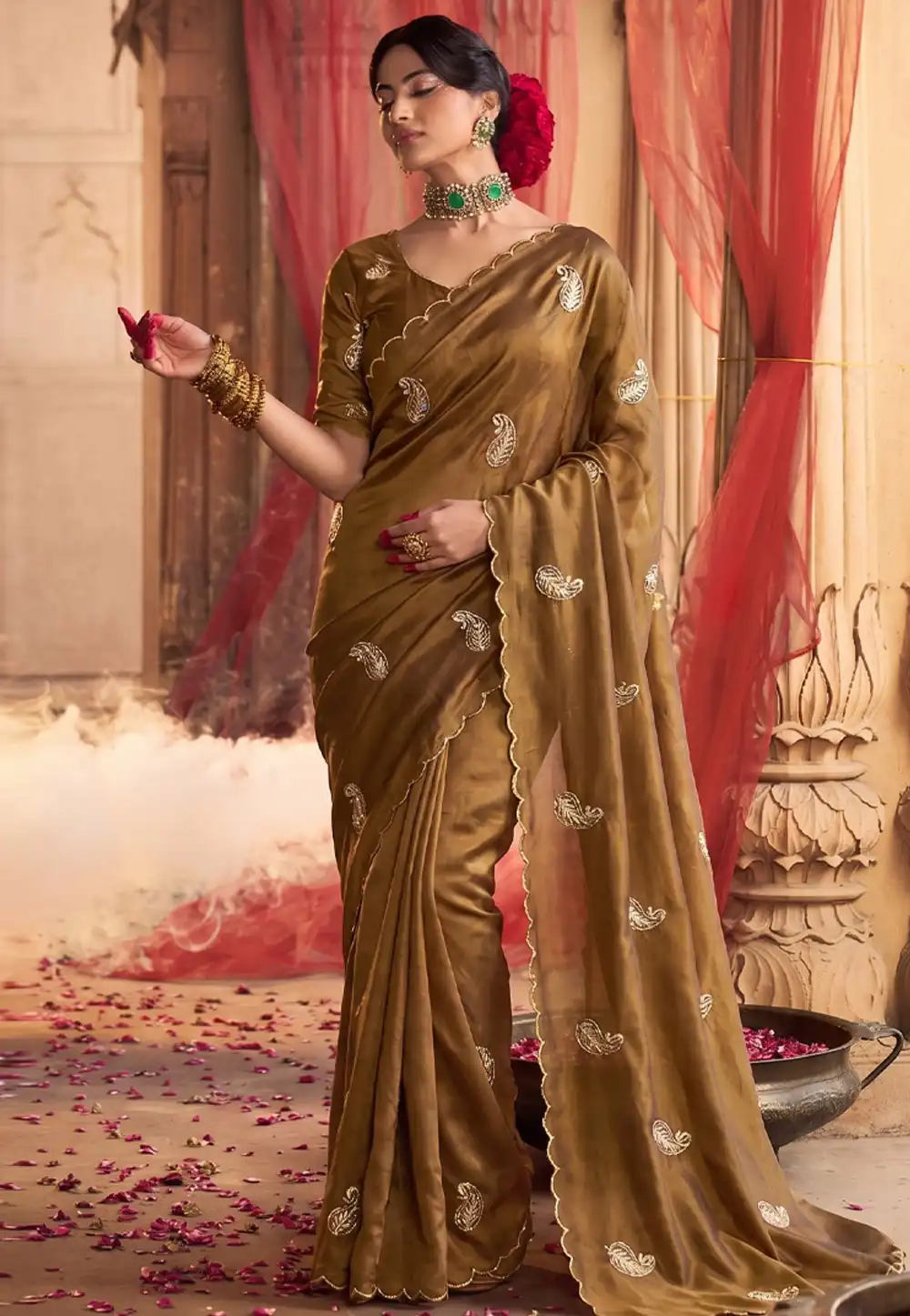 Brown Satin Silk Saree With Blouse 330027