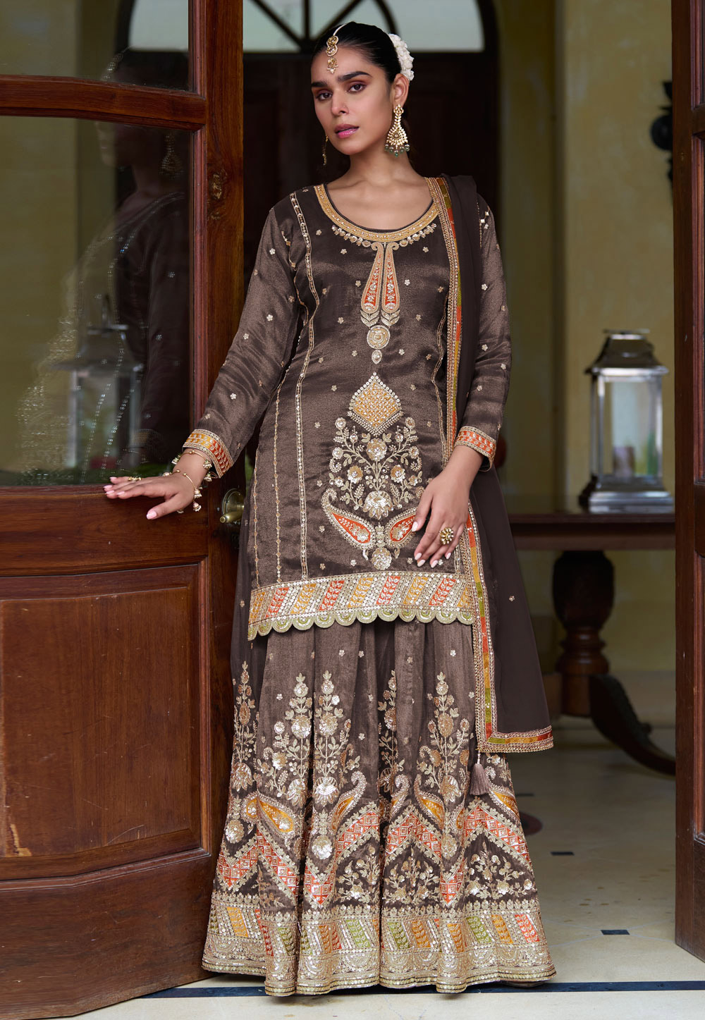 Brown Shimmer Long Choli Lehenga 319109
