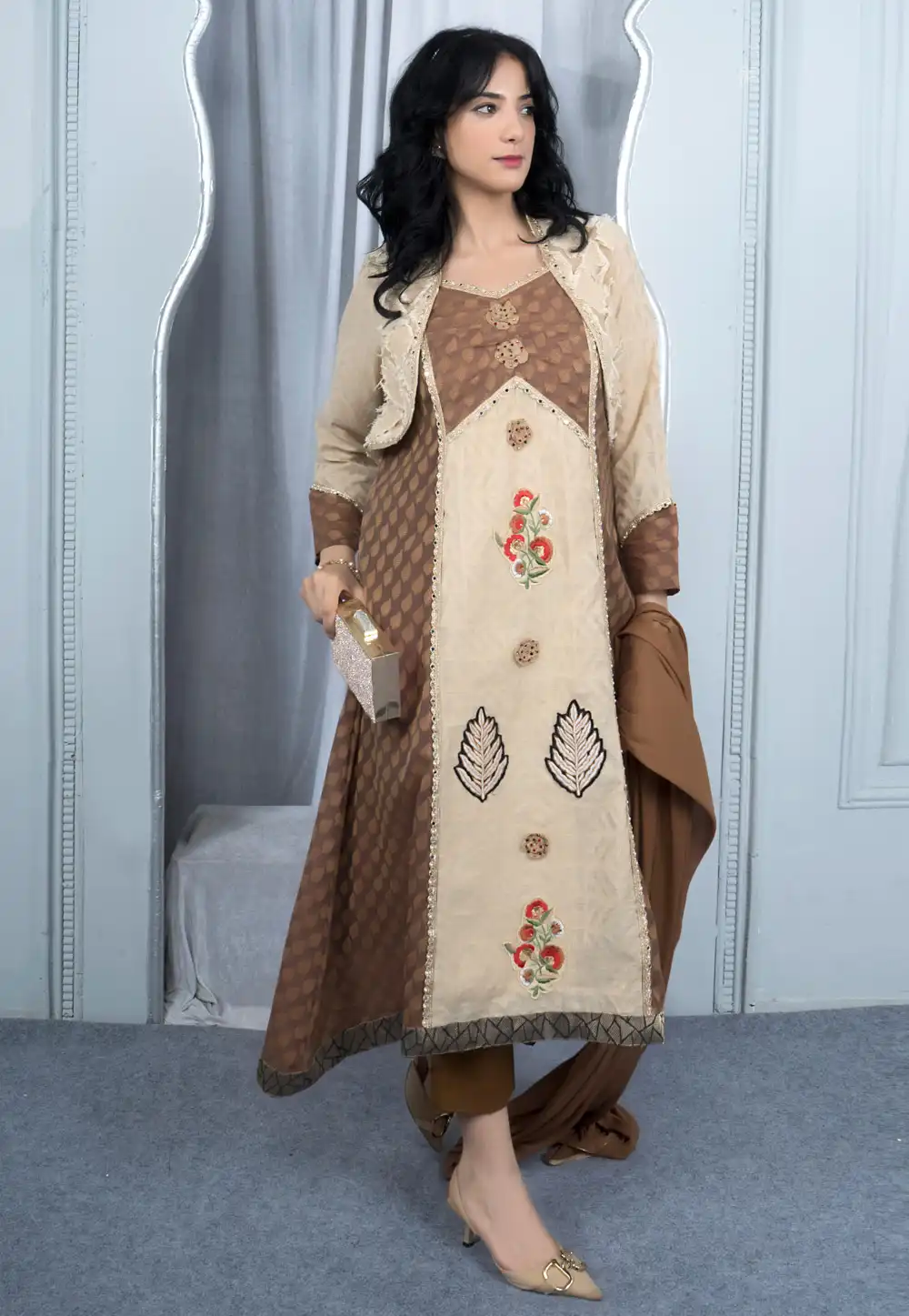 Brown Silk Asymmetrical Anarkali Suit 290049