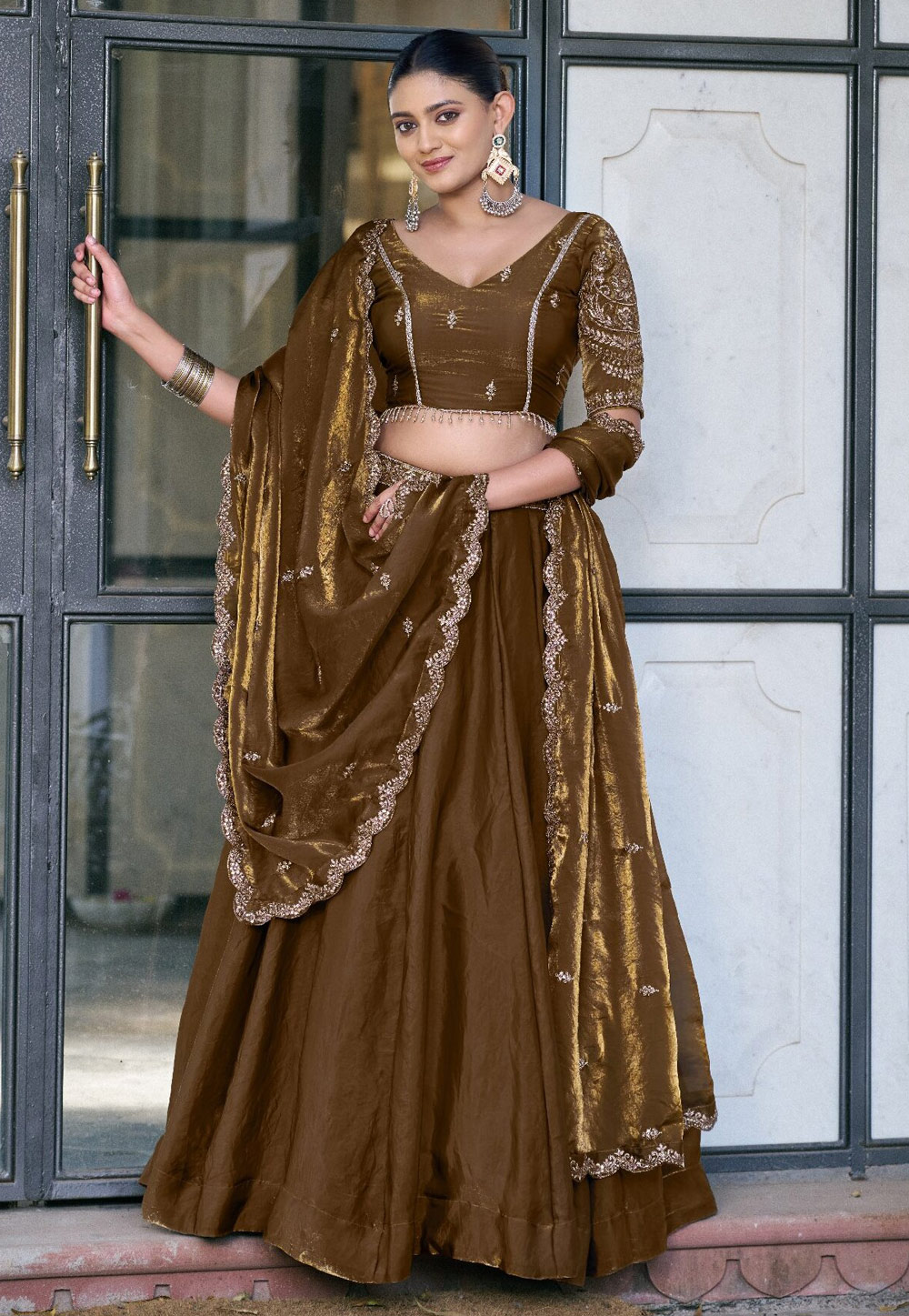 Brown Silk Circular Lehenga Choli 329104
