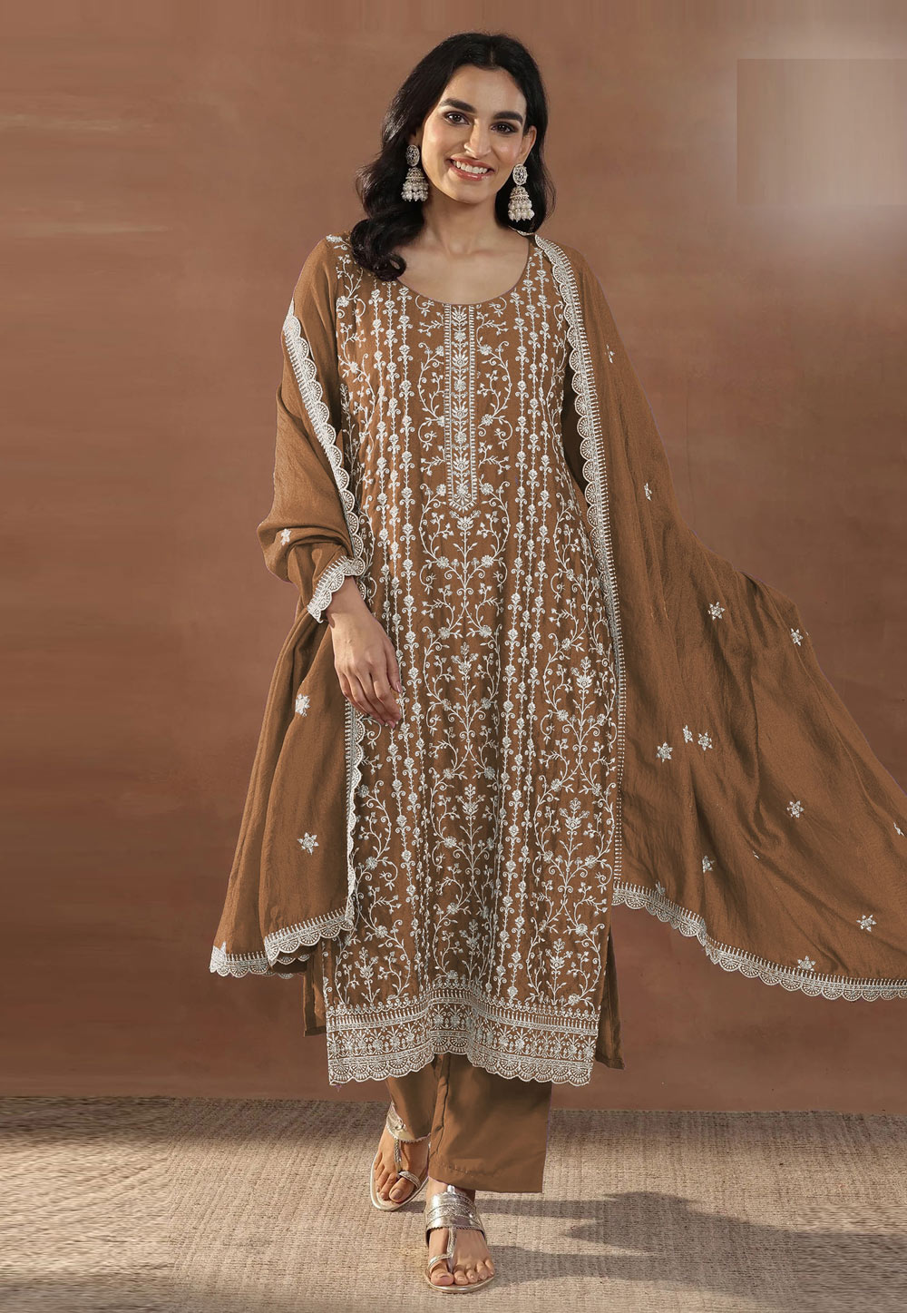 Brown Silk Embroidered Pakistani Suit 328137