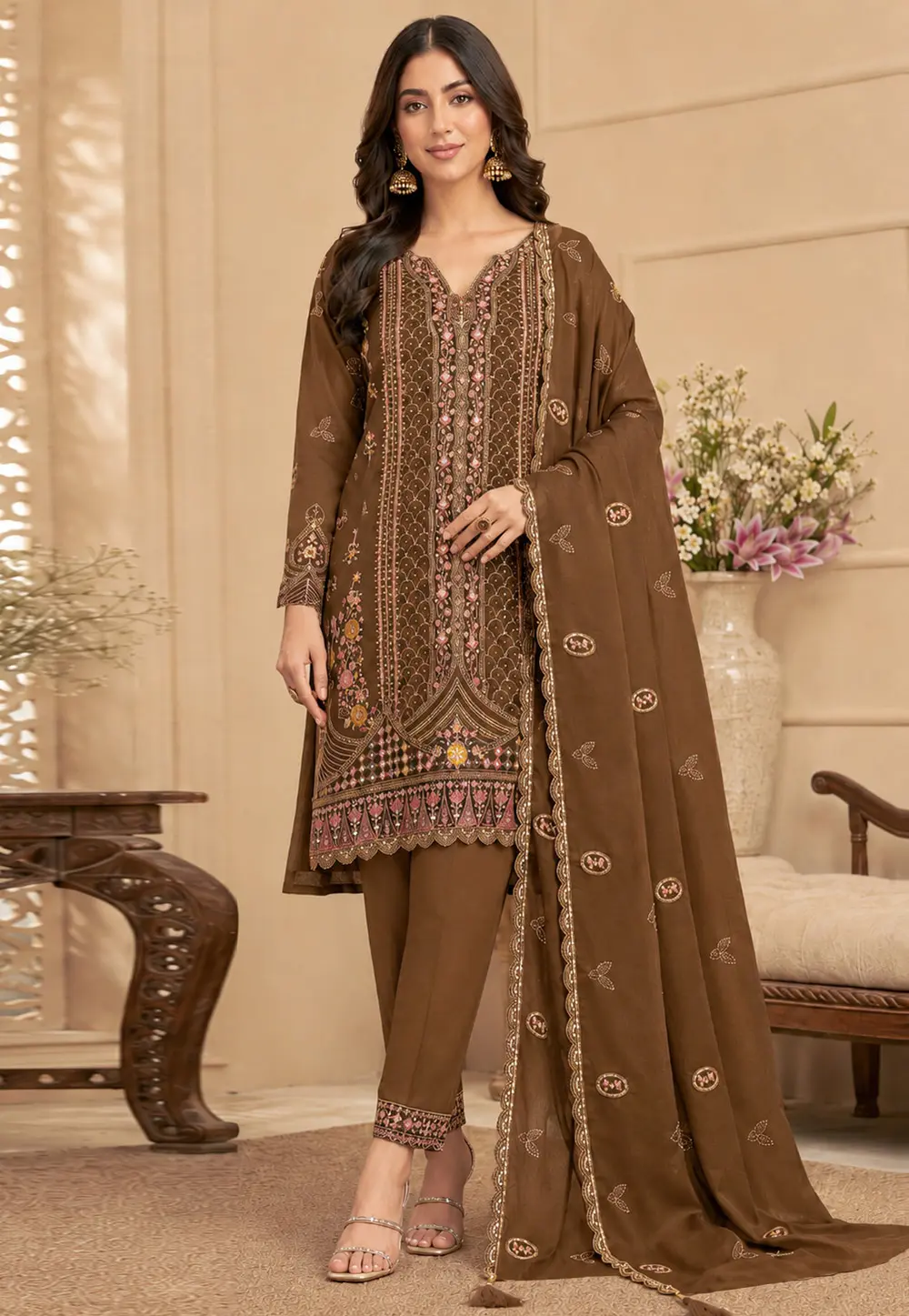 Brown Silk Embroidered Pakistani Suit 331785