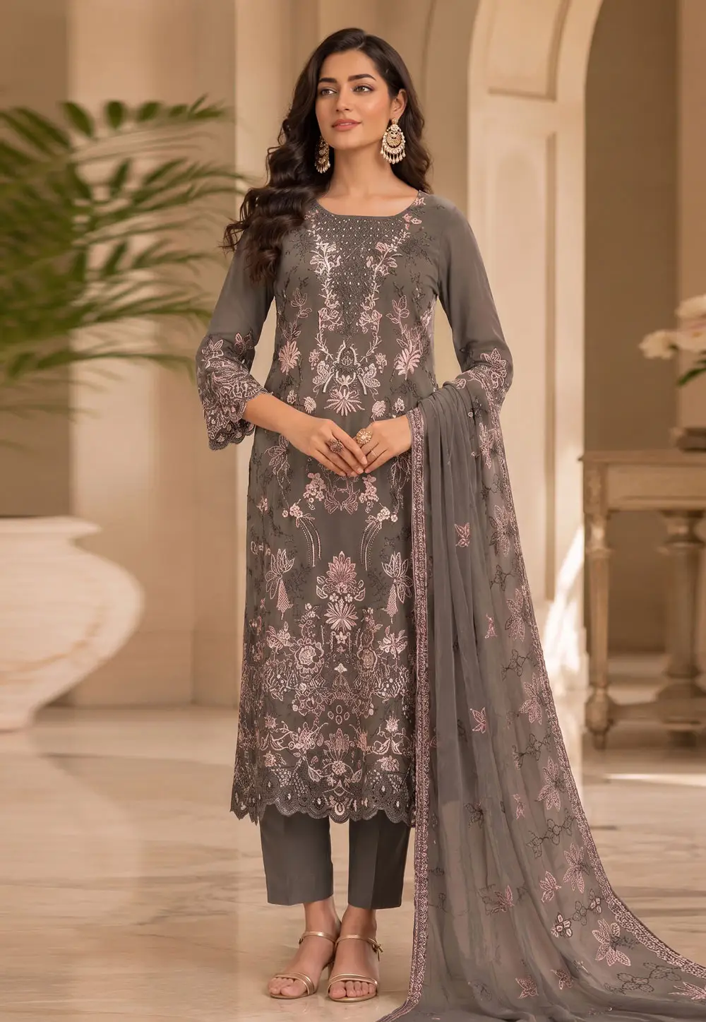 Brown Silk Embroidered Pant Style Suit 332615