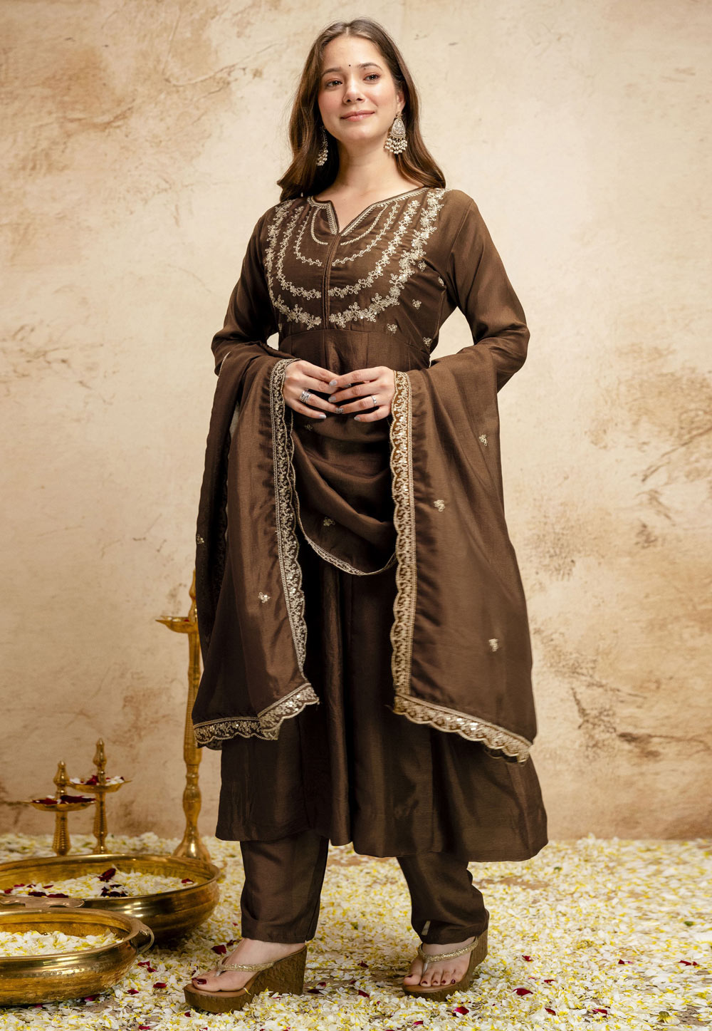 Brown Silk Readymade Anarkali Suit 328810