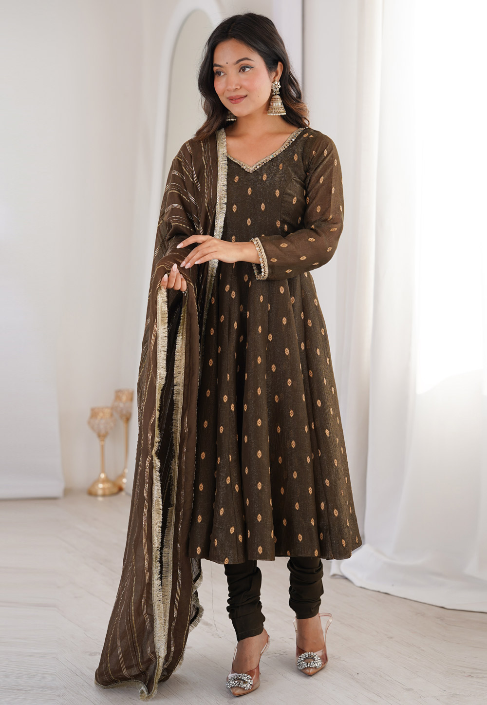 Brown Silk Readymade Churidar Suit 327518