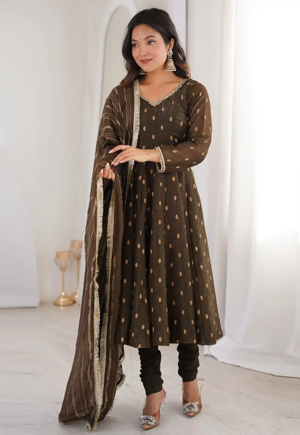 Brown Silk Readymade Churidar Suit 327518