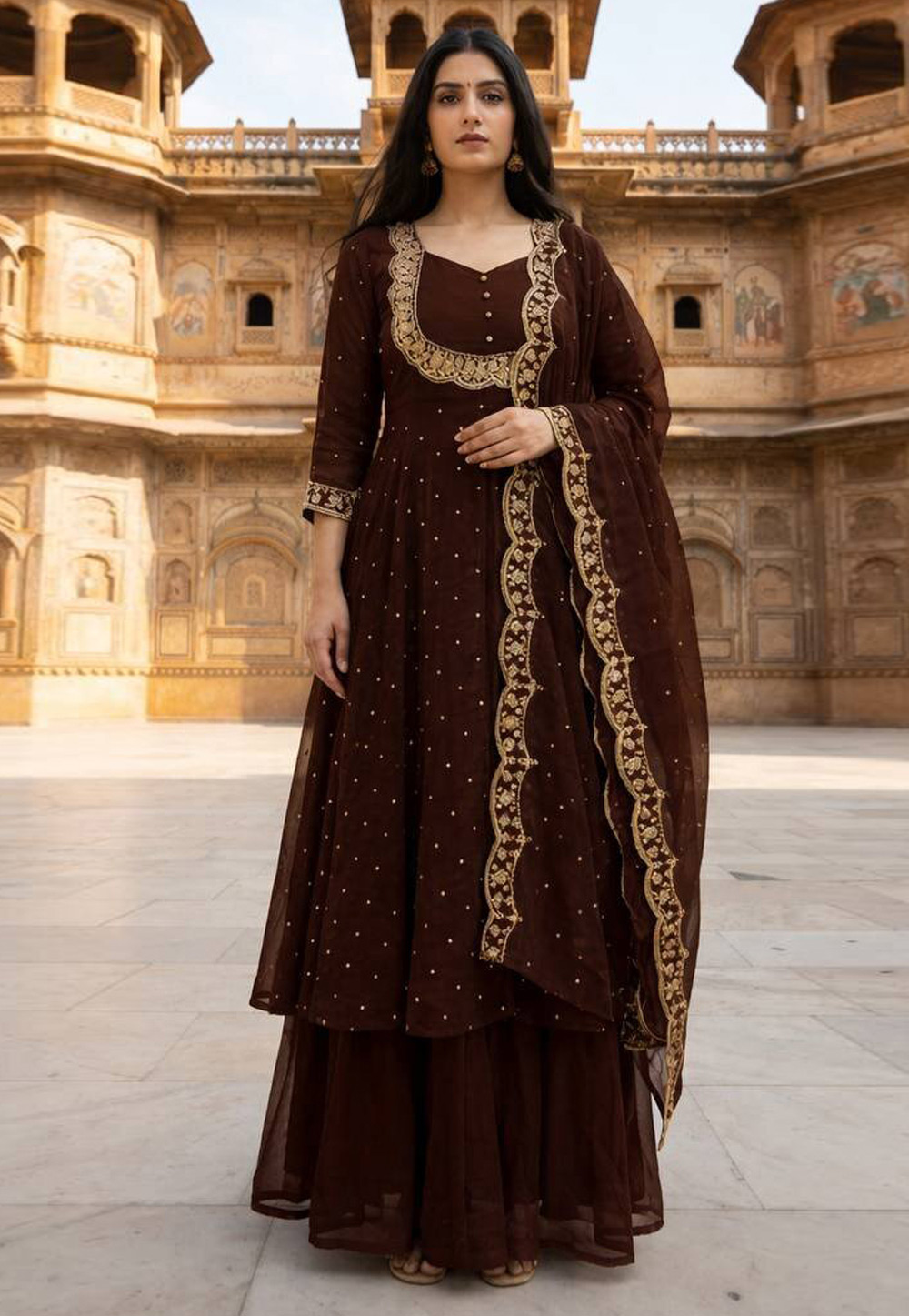 Brown Silk Readymade Indo Western Lehenga Choli 326958
