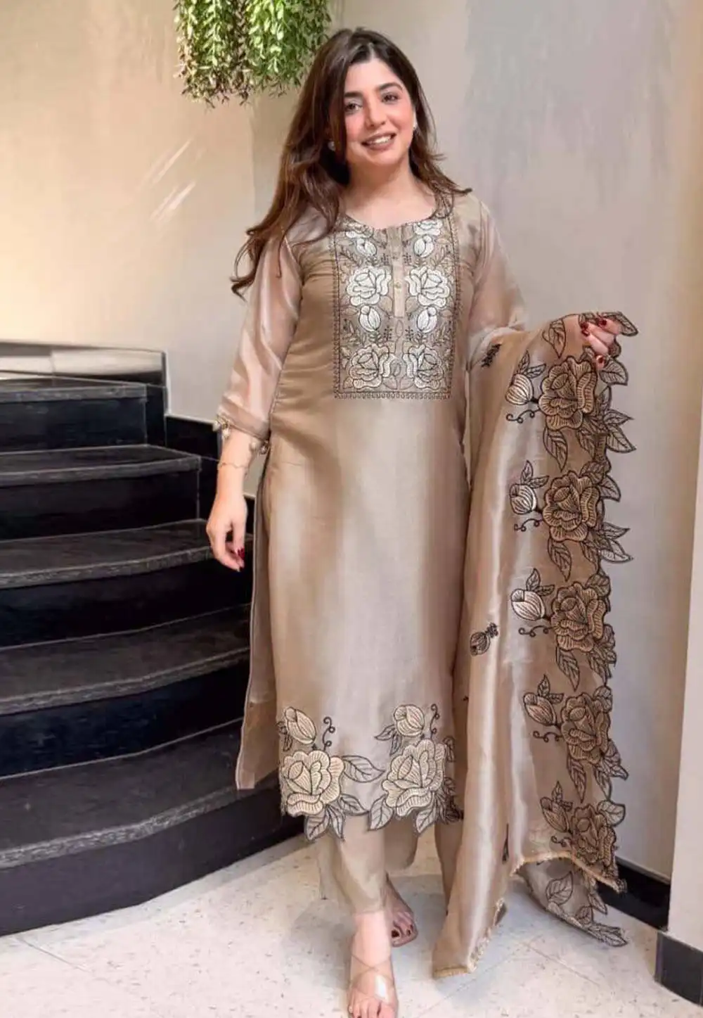 Brown Silk Readymade Pakistani Suit 328980