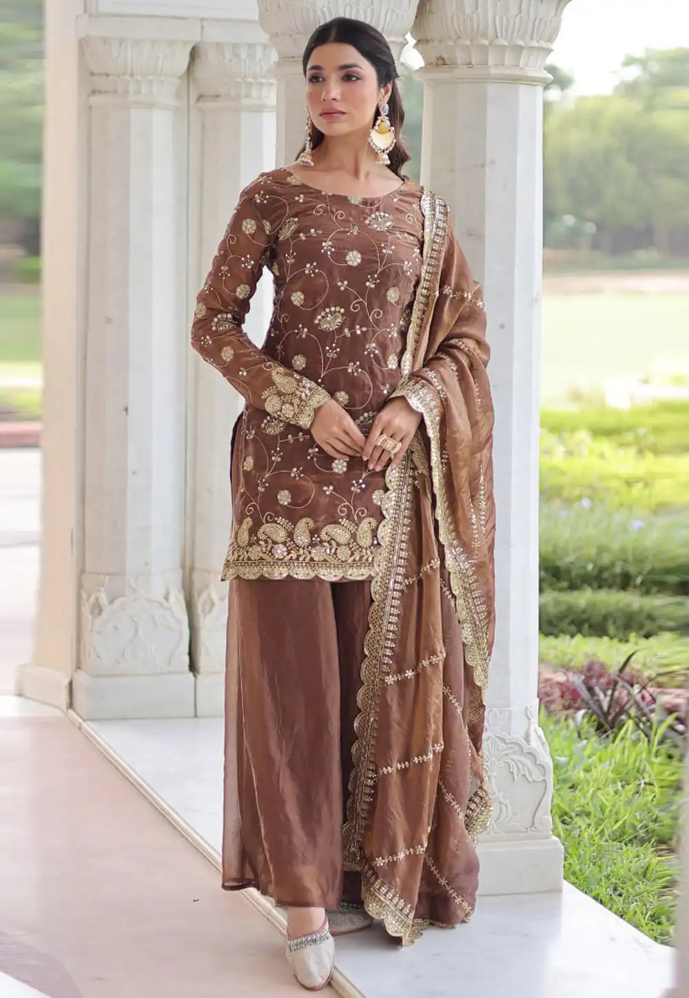 Brown Silk Readymade Pakistani Suit 320066