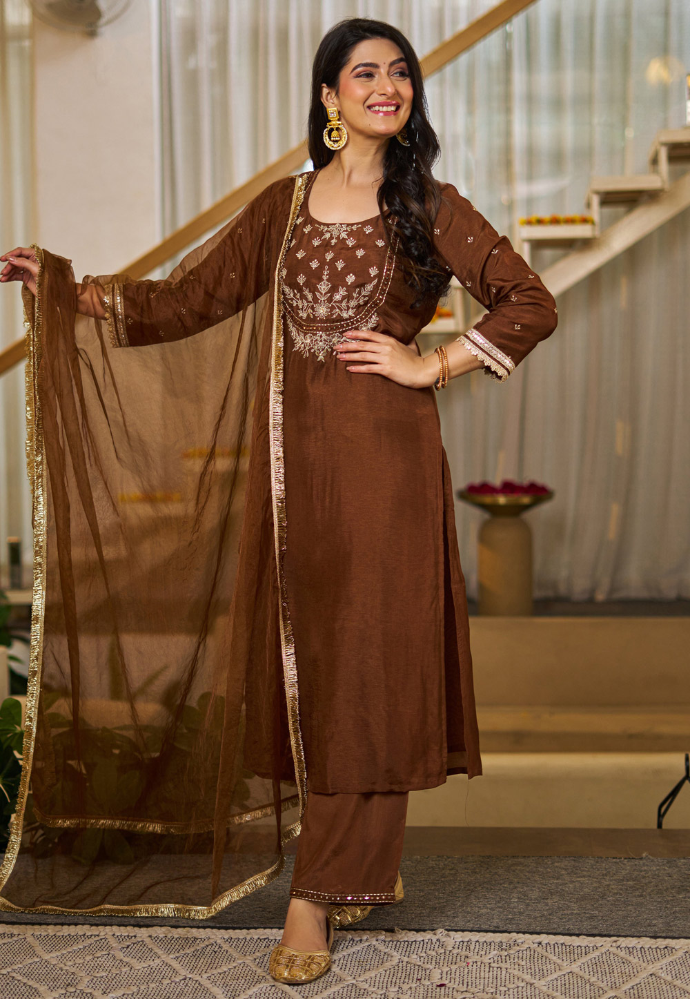 Brown Silk Readymade Pakistani Suit 326946