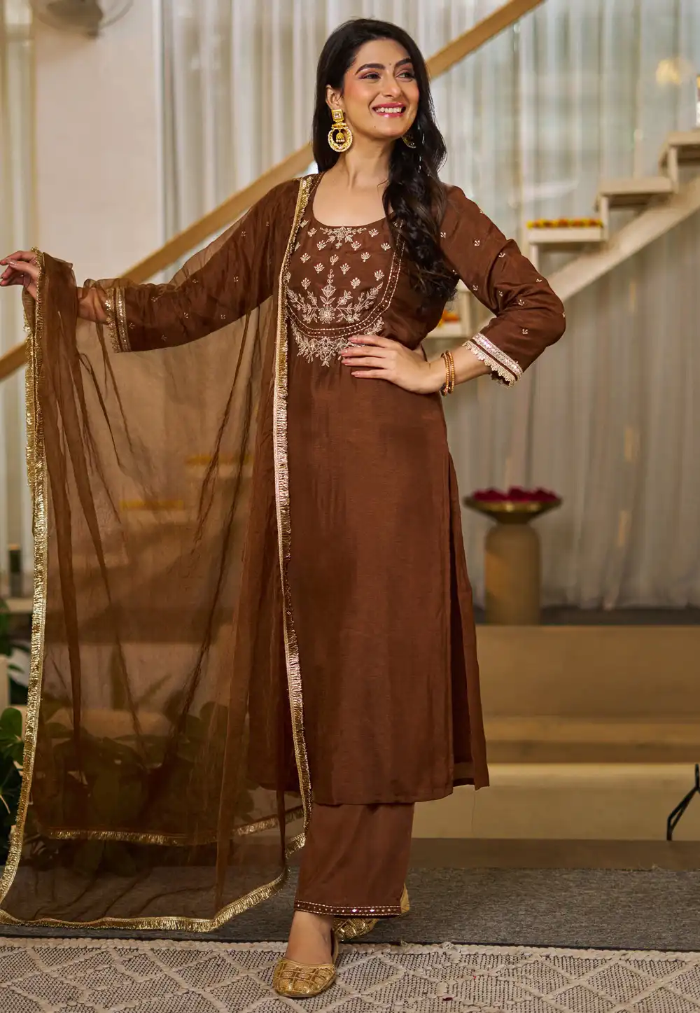 Brown Silk Readymade Pakistani Suit 326946