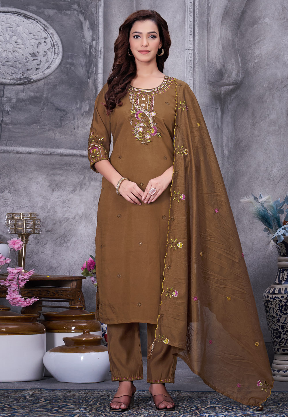 Brown Silk Readymade Pakistani Suit 329070