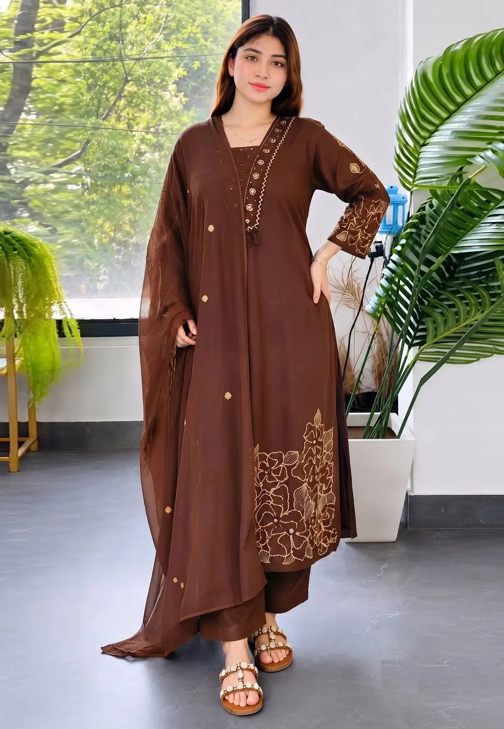 Brown Silk Readymade Palazzo Suit 334879