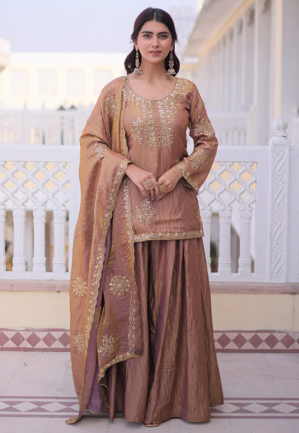 Brown Silk Readymade Palazzo Suit 323463