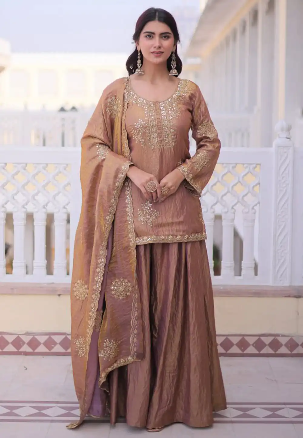 Brown Silk Readymade Palazzo Suit 323463