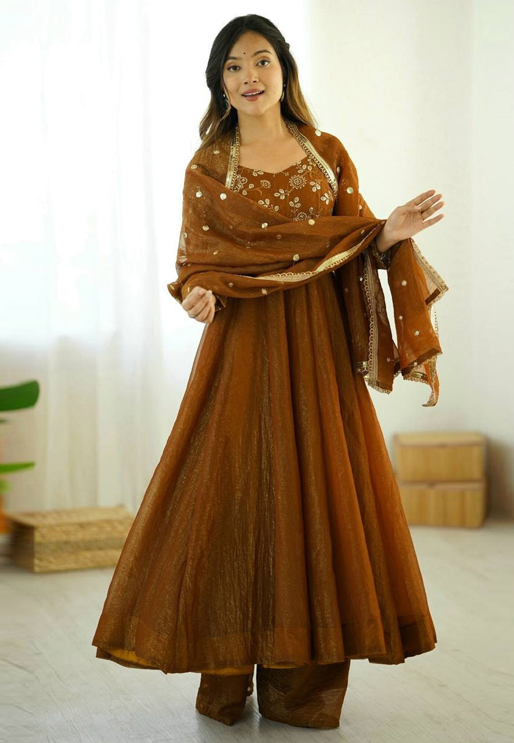 Brown Silk Readymade Palazzo Suit 319794