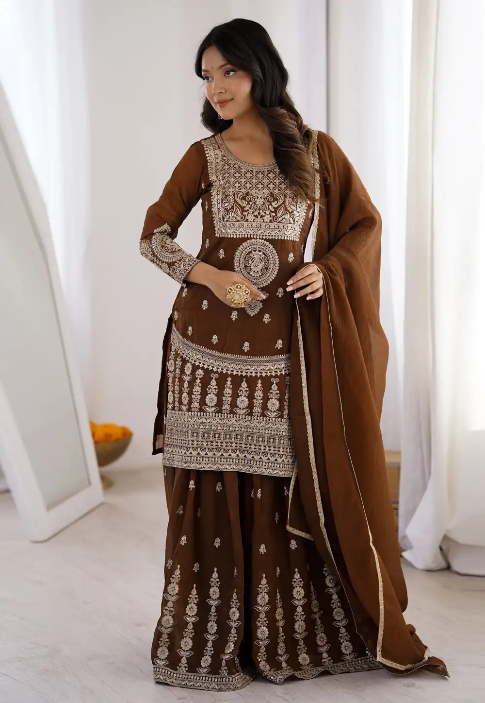 Brown Silk Readymade Palazzo Suit 325780