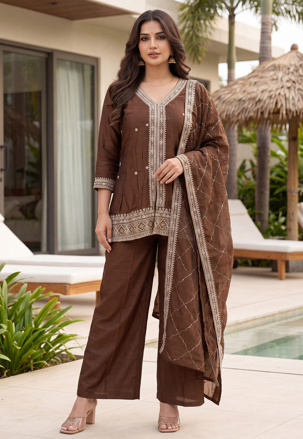 Brown Silk Readymade Palazzo Suit 329429