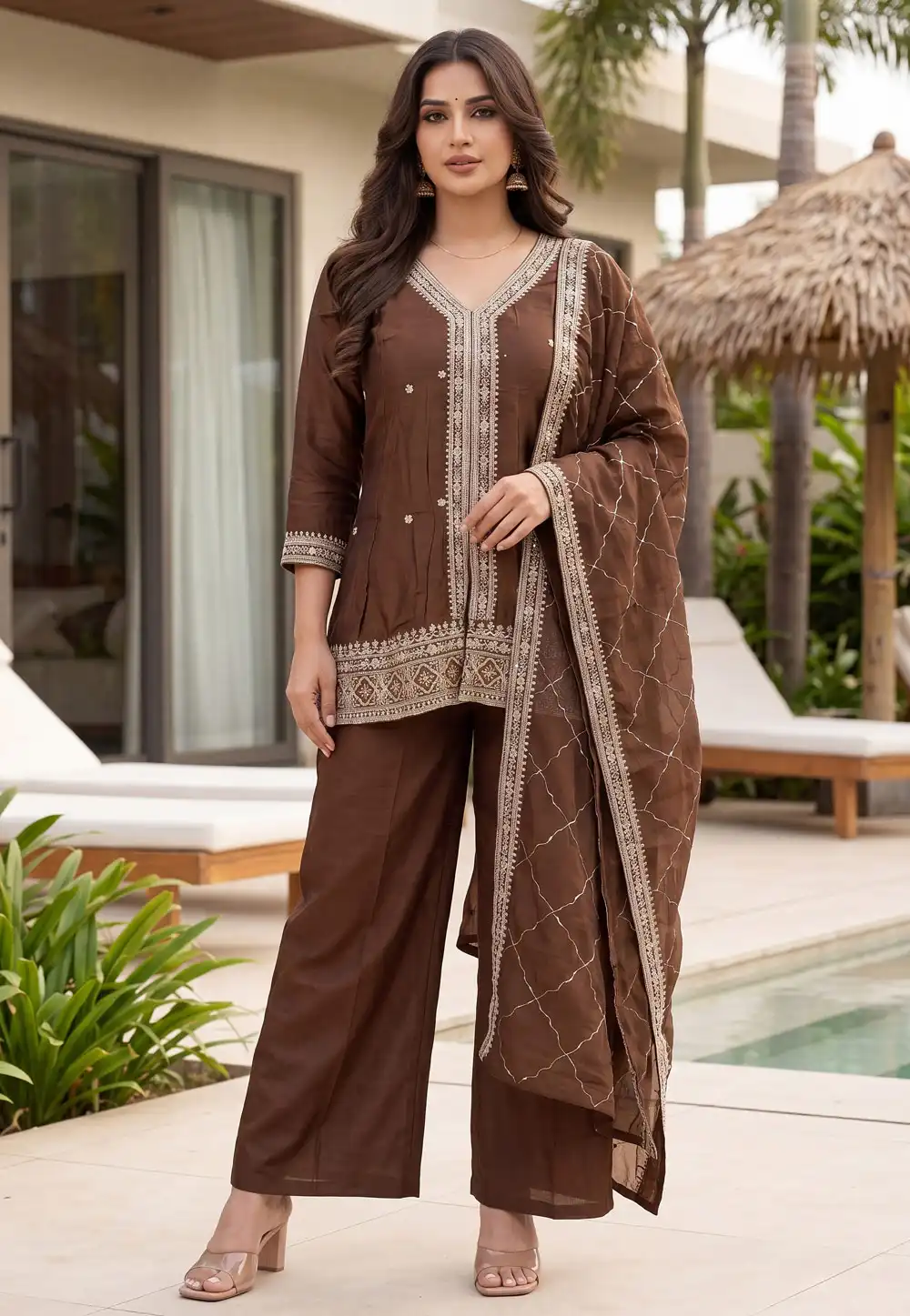 Brown Silk Readymade Palazzo Suit 329429