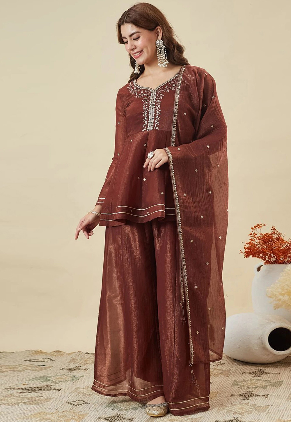 Brown Silk Readymade Palazzo Suit 329022