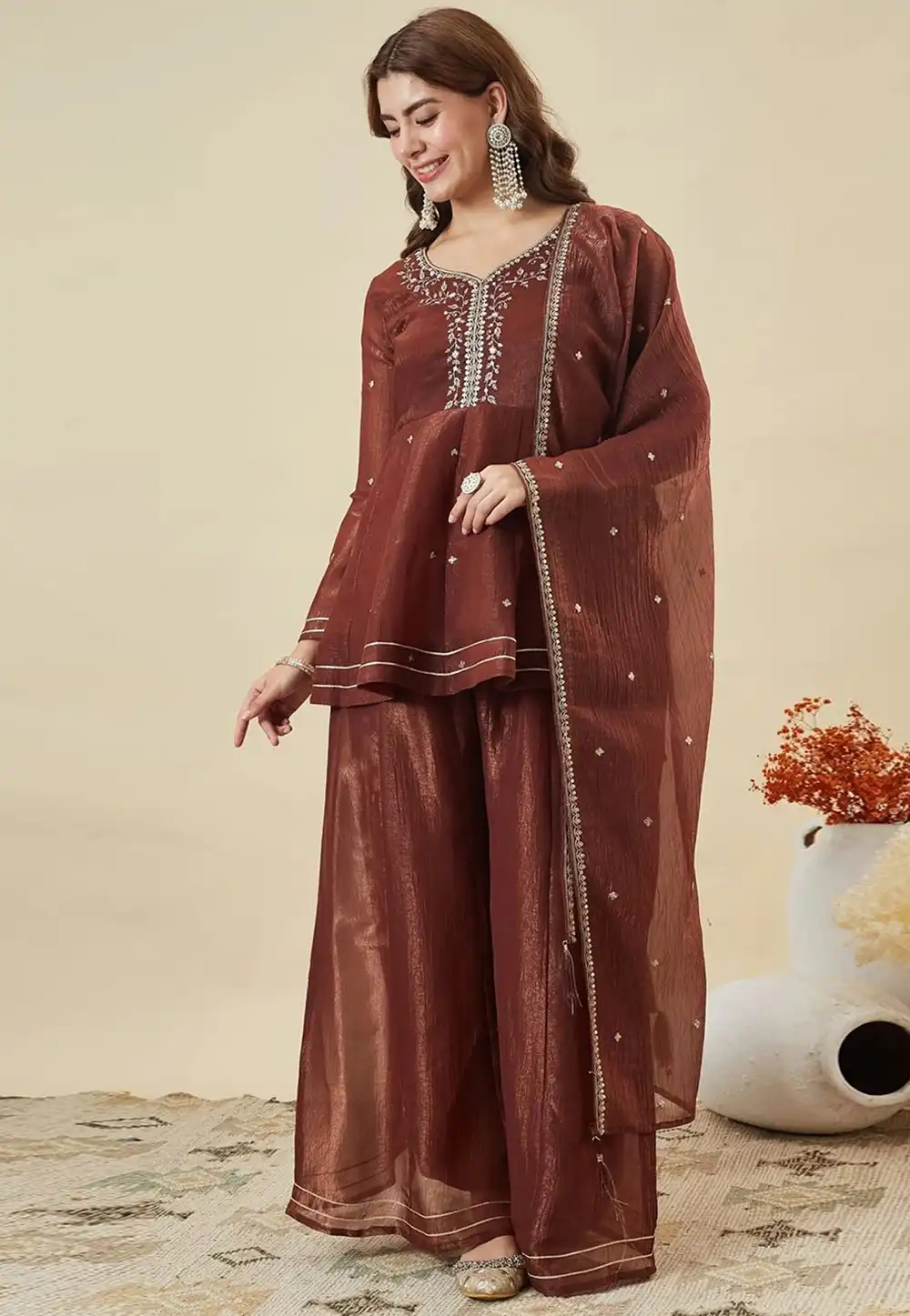 Brown Silk Readymade Palazzo Suit 329022
