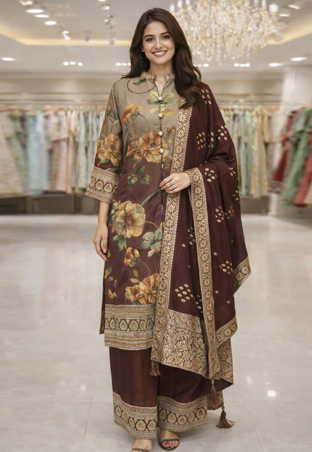 Brown Silk Readymade Palazzo Suit 324200