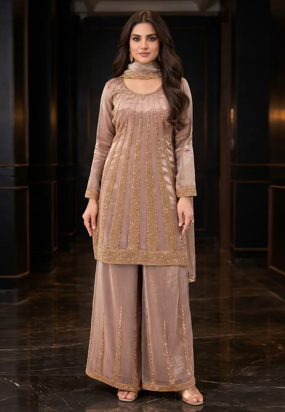 Brown Silk Readymade Palazzo Suit 334236