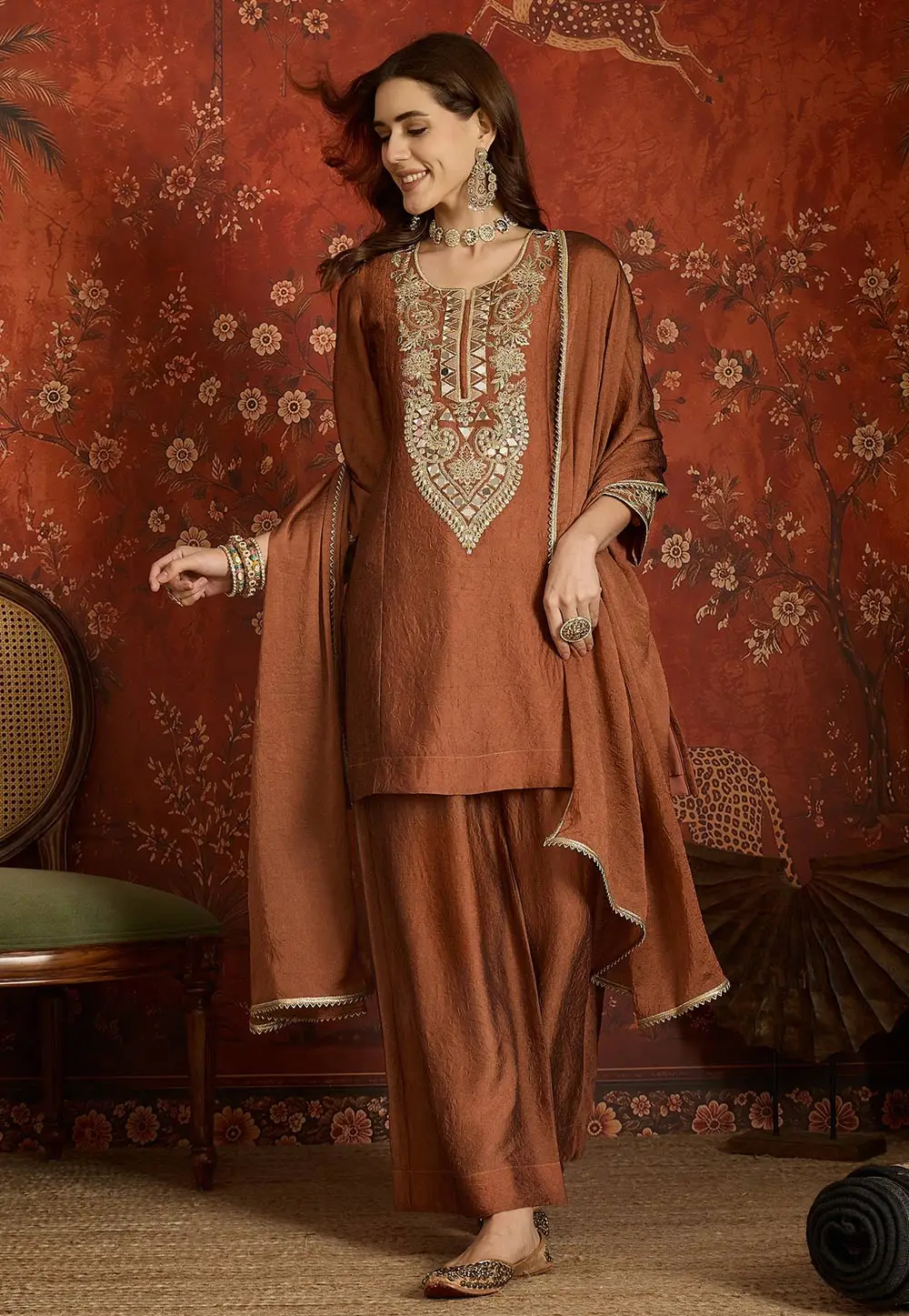 Brown Silk Readymade Palazzo Suit 335471
