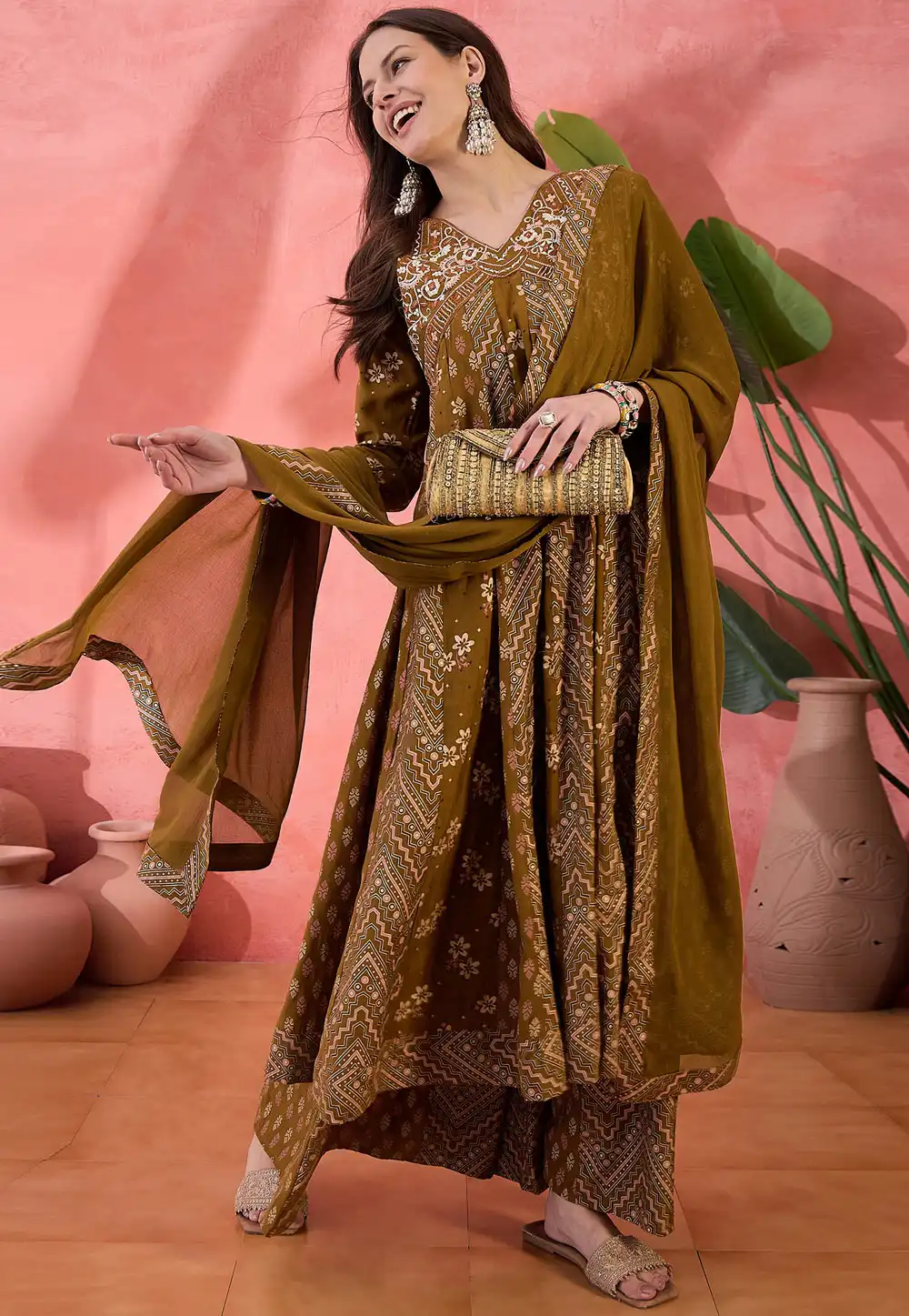 Brown Silk Readymade Palazzo Suit 309164