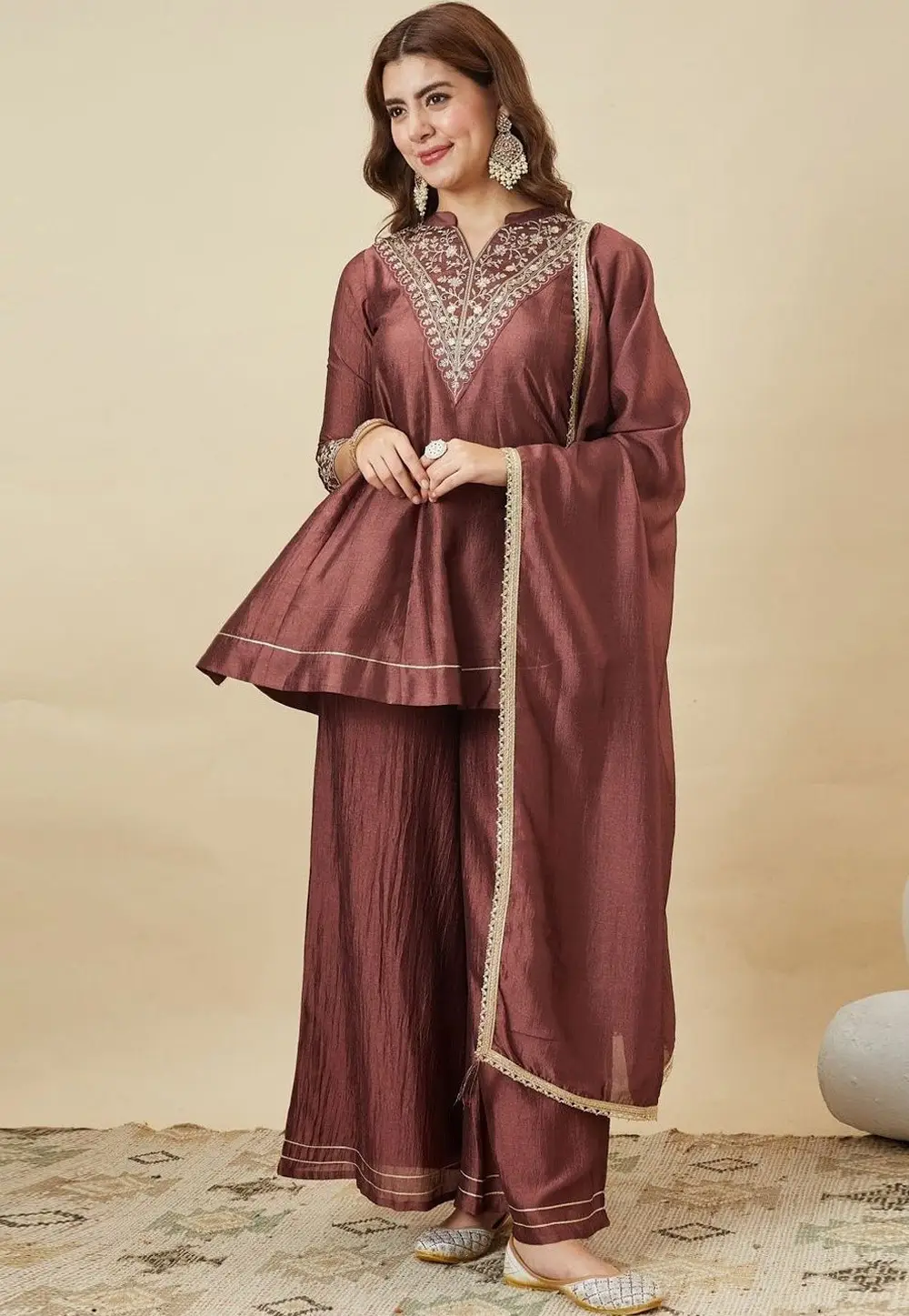 Brown Silk Readymade Palazzo Suit 335392
