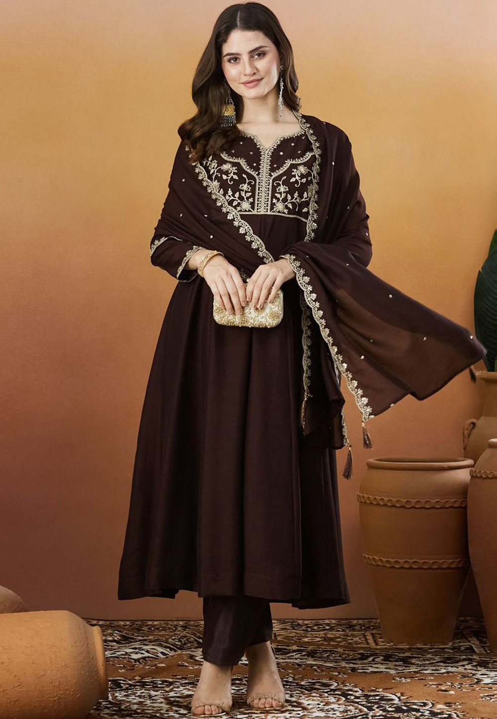 Brown Silk Readymade Pant Style Suit 320910