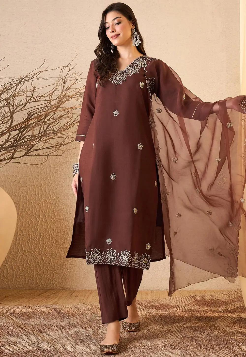 Brown Silk Readymade Pant Style Suit 336635