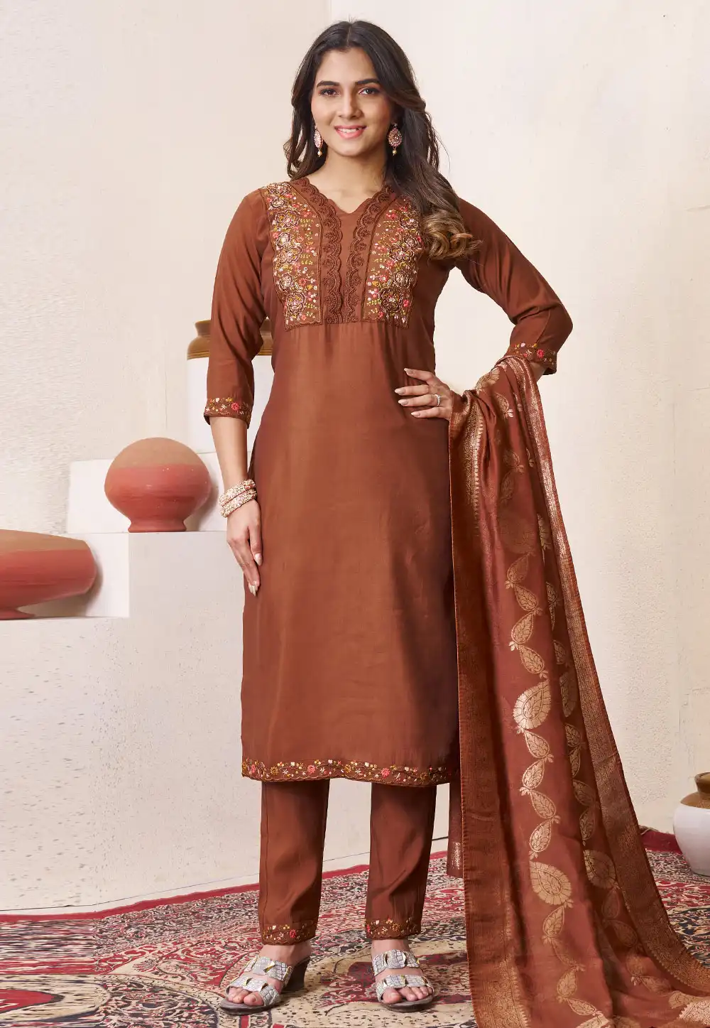 Brown Silk Readymade Pant Style Suit 321416