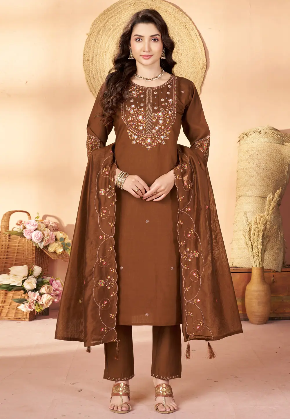 Brown Silk Readymade Pant Style Suit 335025