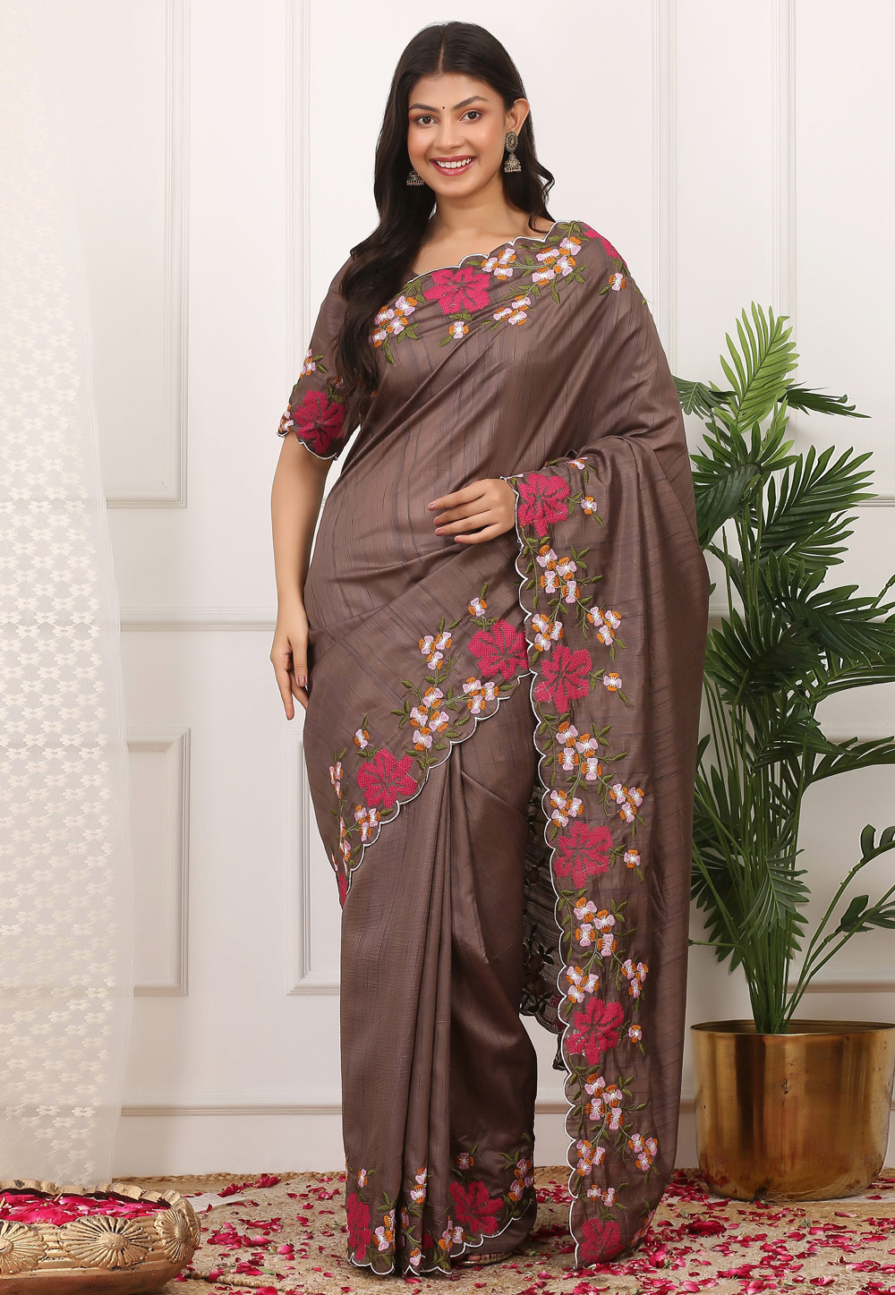 Brown Silk Saree With Blouse 328753