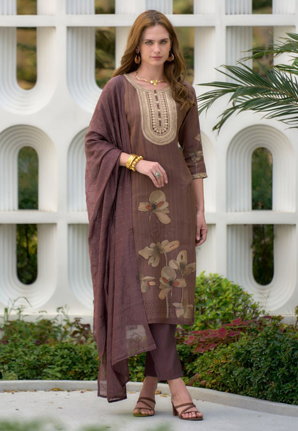 Brown Tissue Readymade Pant Style Suit 311982