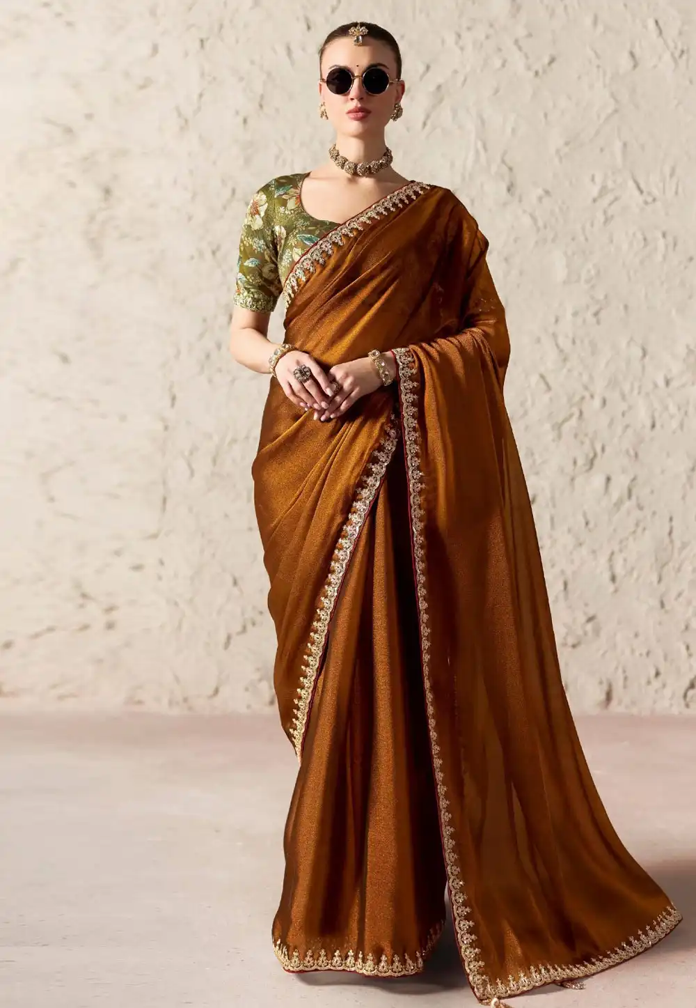 Brown Tissue Saree With Blouse 327898