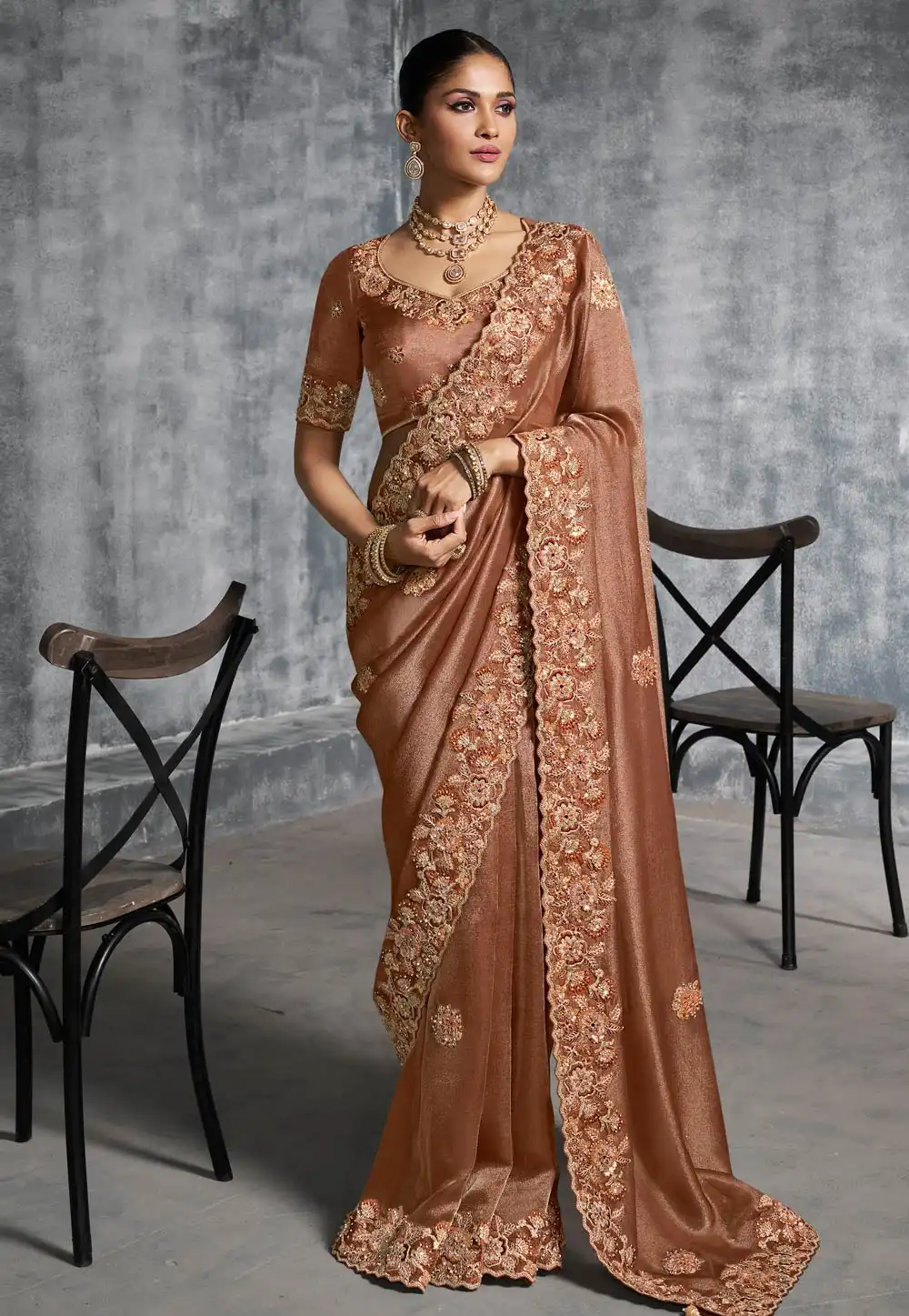 Brown Tissue Saree With Blouse 317935