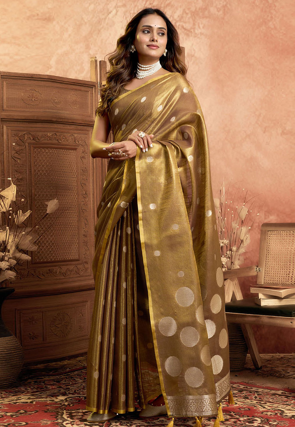Brown Tissue Silk Saree With Blouse 312528