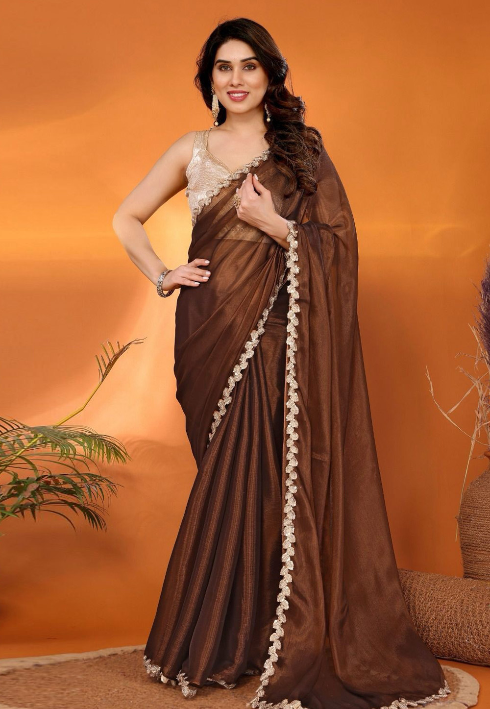 Brown Tissue Silk Saree With Blouse 312065